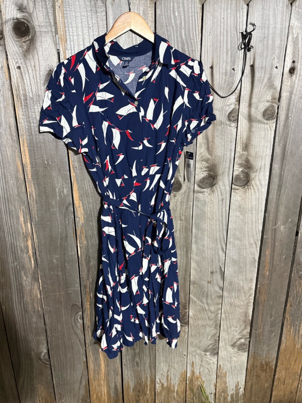 Chaps Navy Printed Tie-Waist Midi Dress with White & Red Accents